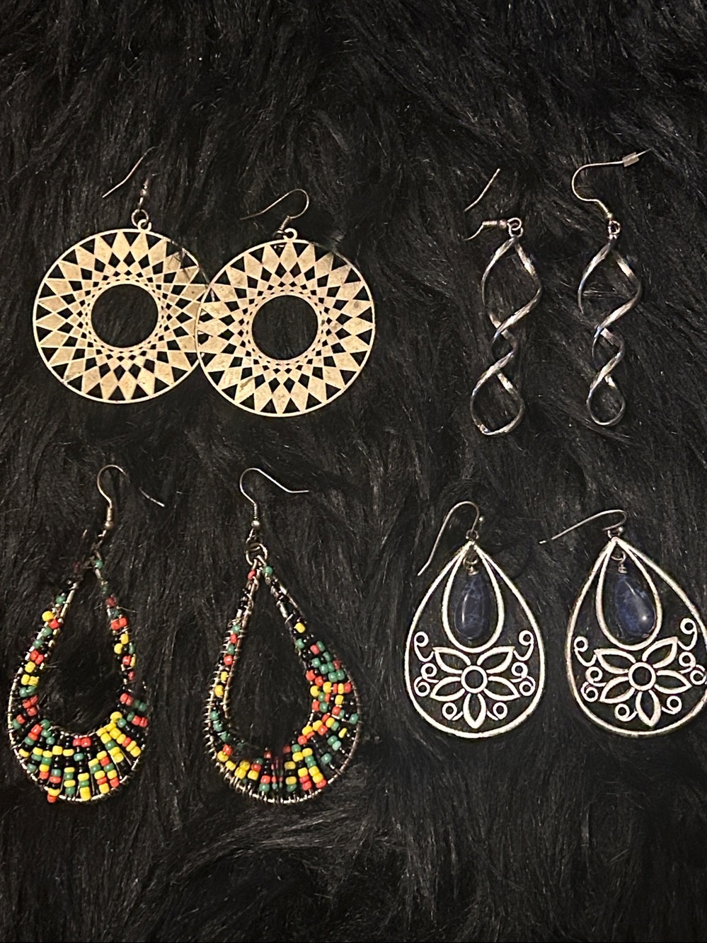 Boho Chic Eclectic Earring Bundle of 4 Floral, Filigree, Beads, Rasta,& Spirals